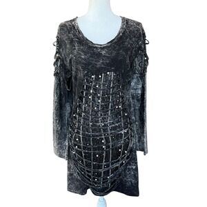 Signet Gothic Acid Wash Pearl Embellished Cage Cutout Tunic Dress Black Grey L
